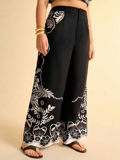 CAJUNI 大码女式休闲黑白热带花卉复古印花阔腿裤，适合度假穿着