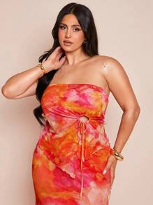 SHEIN BAE Plus Size Women Elegant Floral Print Drawstring Asymmetric Hem High Slit Bandeau Top For Spring/Summer, Vacation - Orange - View 2