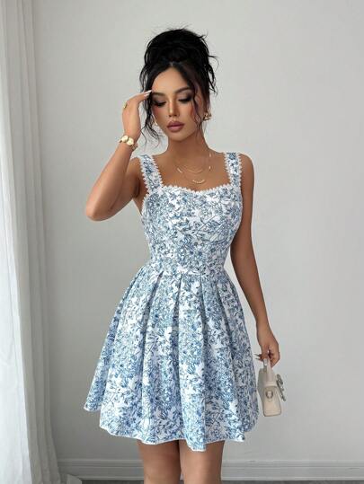 Selianne Chicken Heart Neckline Solid Color Floral Print Patchwork Ruffle Waist Italy Style Summer Cute Dress