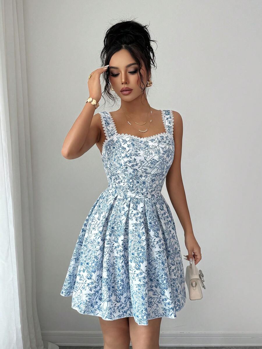 Selianne Váy dễ thương mùa hè họa tiết hoa cổ trái tim gà màu trơn, chắp vá, nhún bèo ở eo theo phong cách Ý - Màu xanh lam - Xem 1