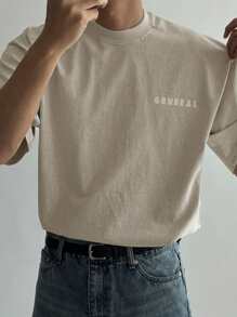 DAZY Men's Letter Print Beige Round Neck Drop Shoulder Short Sleeve Casual T-Shirt, Summer - Beige - View 2