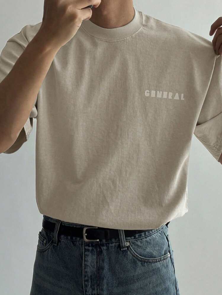 Men's Letter Print Beige Round Neck Drop Shoulder Short Sleeve Casual T-Shirt, Summer