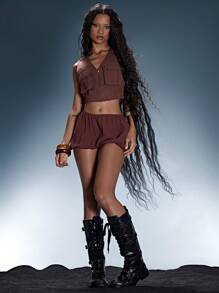 MUSERA 泡泡边迷你短裤 夏季性感 节日 假日 伊比沙岛 锐舞 海滩 罩衫 波西米亚风 度假 冒险 Y2K 派对 泳装 休闲 - 紅色 - 查看 2