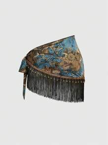 ROMWE Hippie 女式复古嬉皮西部音乐节透明木珠流苏下摆佩斯利印花抽绳波西米亚风罩衫中长裙 - 彩色 - 查看 2