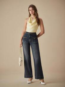 Selenza Women's Casual Washed Chain Decoration Straight Leg Jeans - Blue - View 7