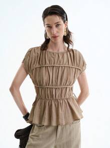 Aalyst Women's Casual Round Neck Short Sleeve Pleated Layered Minimalist Drawstring Bowknot Solid Color Blouse, Spring/Summer