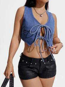 SHEIN PETITE Women's Front Tie Sexy Cropped Denim Vest Top ,Petite Women - Blue - View 5