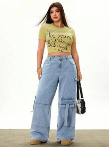 Rina Fox Plus Size Women's Summer Avant-Garde Casual Straight Leg Jeans - Light Wash - View 3