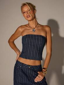 SHEIN Forever 21 Summer New Strapless Striped Denim Crop Top, Sexy High Street Style For Ladies - Dark Wash - View 3