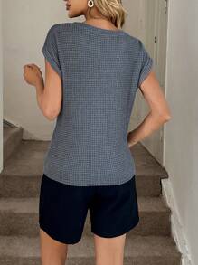 Easowa Solid Batwing Sleeve Twist Hem Waffle Knit Tee - Dusty Blue - View 2