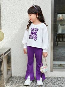 SHEIN Sudadera Con Hombros Caídos Y Dibujo Animado Para Niña Y Pantalones Con Dobladillo Dividido