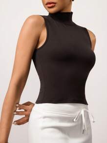 Hanevo Women's Summer New Arrival Urban Chic Stylish Tight Fit Solid Color High Neck Side Button Sleeveless Tops Sportwear For Daily Wear - Coffee Brown - View 4