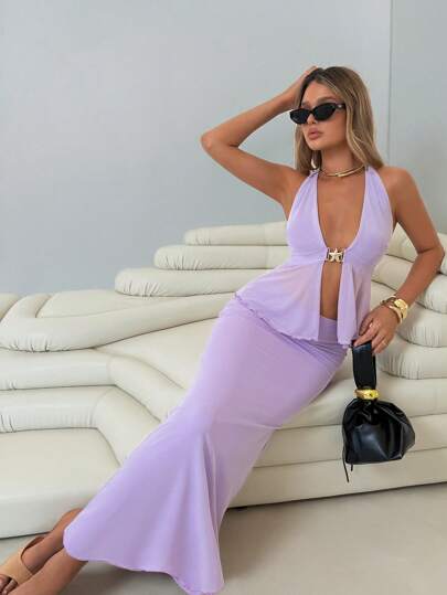 Roylia Conjunto de top con decoración de metal tipo tirantes finos y falda larga con bajo asimétrico, adecuado para vacaciones en la playa, ropa de playa, tomar el sol, citas