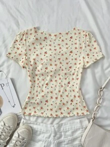 SHEIN 少女可爱蕾丝荷叶边蝴蝶结玫瑰碎花短袖T恤（阳光黄） - 黃色 - 查看 2