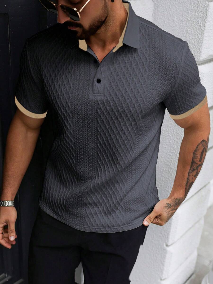 Manfinity Homme 男士撞色边商务休闲短袖 Polo 衫 夏季男士 Polo 衫 纹理 Polo 衫 男士高尔夫衫 针织 Polo 衫 男士短袖 Polo 衫 - 灰色 - 查看 1