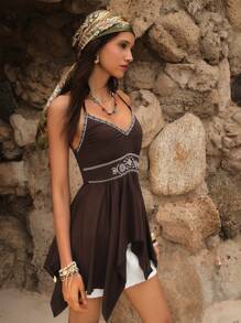 Easelle Women Summer Bohemian Vintage Embroidered Brown Halter Neck Asymmetrical Hem Blouse - Brown - View 10