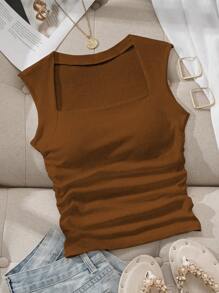 Comfortcana Square Neck Waist Ruched Padded Cami Bra Free Tank Top, Suitable For Summer, Built-In Bra - Brown - View 8