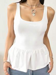 INAWLY Women's Summer Solid Color Splice Ruffle Square Neck Slim Fit Tank Top