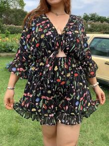 SHEIN EZwear 加大码轻盈花卉连体裤，适合夏季度假和休闲穿着 - 黑色 - 查看 6