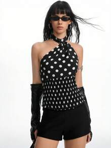 LYSMO 女士时尚波尔卡圆点印花露背吊带上衣，夏季 - 黑與白 - 查看 1