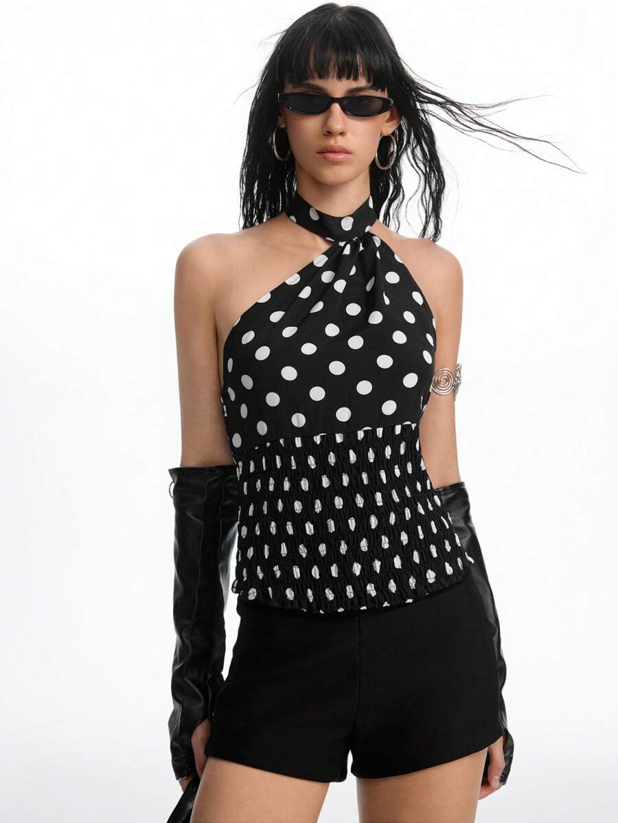 LYSMO 女士时尚波尔卡圆点印花露背吊带上衣，夏季 - 黑與白 - 查看 1