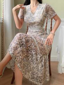 DAZY Elegantes Midi-Kleid mit Blumenmuster für Damen, Sommer - Beige - Übersicht 7