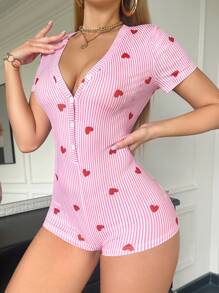SHEIN Women's Heart & Stripes Print Deep V Neck Fitted Jumpsuit Sleepwear