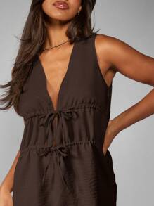 MISSGUIDED 亚麻质感高腰迷你连衣裙深 V 领双系带前部夏季沙滩装度假罩衫假日太阳裙 - 棕色 - 查看 5