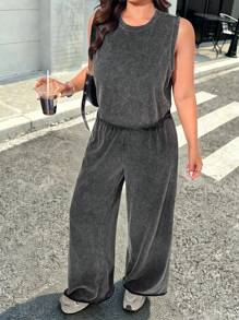 SHEIN EZwear 加大码夏季水洗运动背心和黑色运动裤两件套 - 黑色 - 查看 3