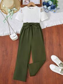SHEIN 2 Stücke Set für Tween-Mädchen: Einfarbiges schulterfreies Kurzarm-T-Shirt und Hose, lässig