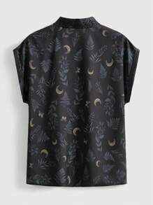 ROMWE Goth Áo thun ngày lễ cỡ lớn in hình ngôi sao, mặt trăng và lá tối màu - màu đen - Xem 2