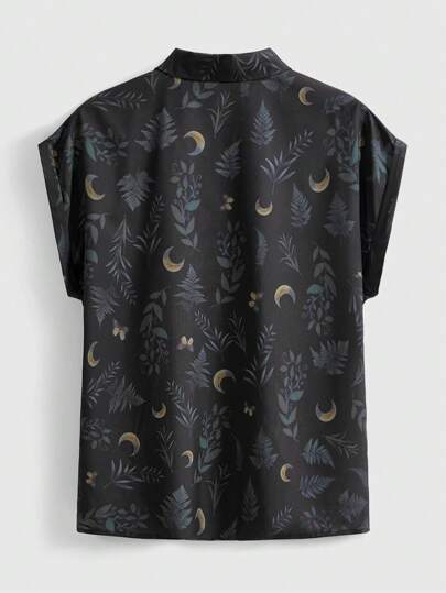 Goth Camisa informal de talla grande con estampado de estrella, luna y hojas por toda la prenda para vacaciones