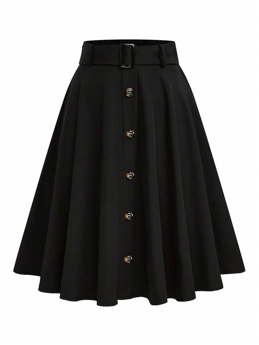 EMERY ROSE Casual Everyday Sunburst Button Decor Women's Skirt - Black - View 1