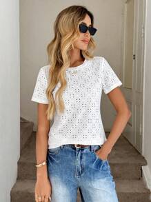 Easowa Women's Casual White Short Sleeve T-Shirt, Spring/Summer - White - View 6