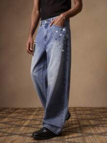 AKNOTIC Men's Blue Rhinestone Casual Straight-Leg Jeans, Suitable For Summer, Vacation, Daily Wear, Party, Gift For Men, For Rave - Medium Wash - View 2