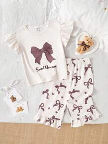 2 件套女童可爱蝴蝶结印花休闲圆领短袖上衣和荷叶边下摆 3/4 裤家居服套装