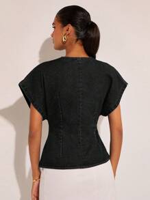 COSMINA Women's Metal Single Button Bat Wing Short Sleeve Fashionable Denim Blouse, Summer - Black - View 2