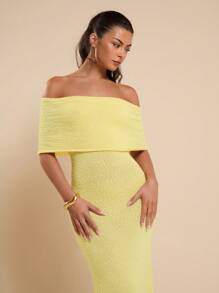 COSMINA 1pc Women's Elegant Solid Color Off-Shoulder Maxi Knit Dress Fall Dresses - Yellow - View 6