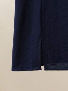 Lacomfia 大码女式纽扣短袖休闲刺绣衬衫 - 藏蓝色 - 查看 4