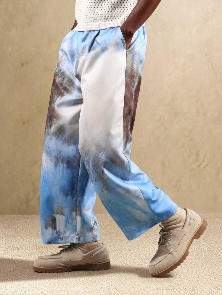 모던 배럴 컷 와이드 레그 팬츠 아티스틱 수채화 패턴