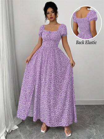 Rafferiza 女士度假浪漫优雅碎花褶皱泡泡袖收腰 A 字休闲节日情人节场合蝴蝶结后背吊带连衣裙，多种穿着风格，春夏新品毕业春季连衣裙海滩女士服装太阳开衩长款连衣裙