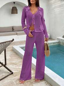 SHEIN Completo estivo da donna in due pezzi, abito da spiaggia in cotone bianco lavorato a uncinetto, stile boho, da indossare in vacanza o in resort