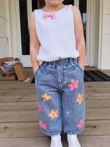6M-3YRS Baby Girl Blue Floral Print Knit Denim Wide Leg Pants,Summer Casual Vacation Colorful Flower Print,Stretchy Comfortable 2 Back Pockets Jeans - Light Wash - View 8