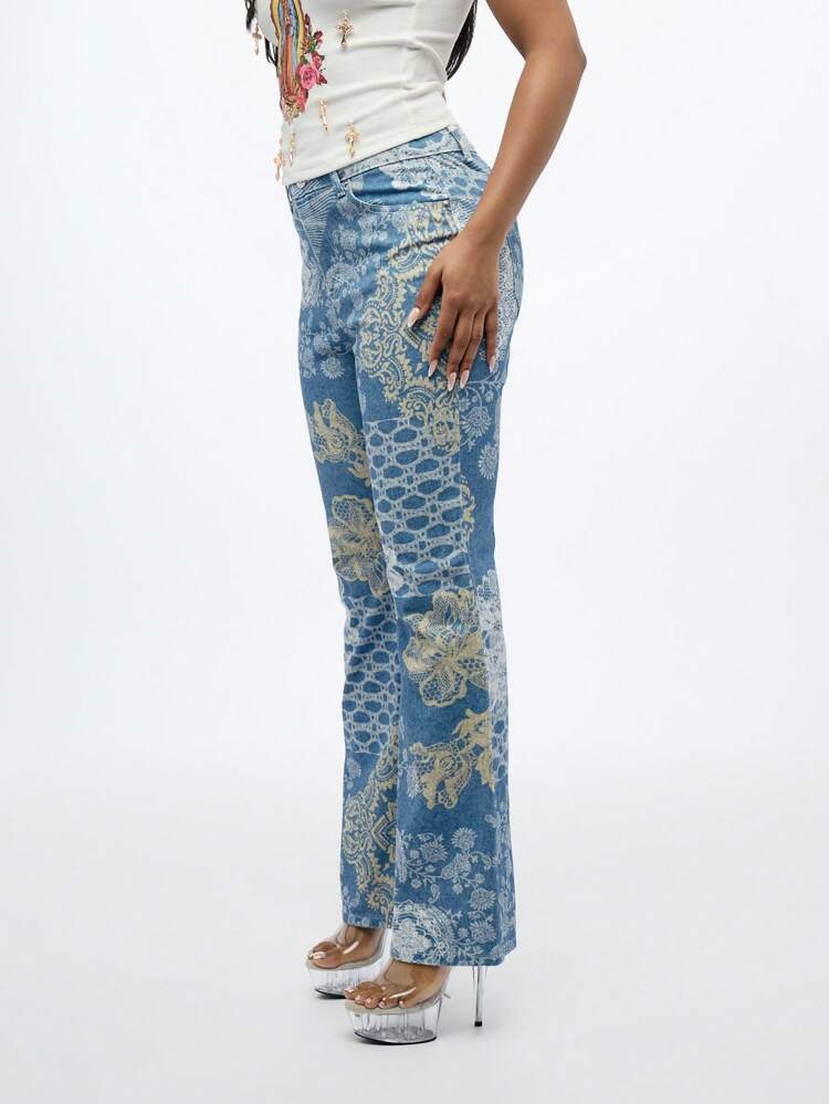 SUMWON WOMEN Boho Geometric Butterfly Printed Denim Flare Jeans