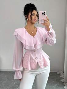SHEIN Elenzya Áo cánh xếp nếp thanh lịch phong cách Hàn Quốc mới, tinh tế, cao cấp, áo sơ mi dài tay thêu ren ôm vừa vặn màu hồng cho nữ, mùa xuân và mùa thu - Hồng - Xem 4