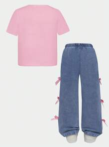 SHEIN ChillGRL 2 件套 Tween Girls Y2K 风格蝴蝶结印花 T 恤和 3D 蝴蝶结细节牛仔裤，适合夏季 - 粉色 - 查看 2