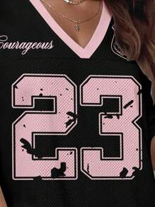 SHEIN EZwear 大码女式休闲简约粉色蝴蝶结装饰网眼V领迷你连衣裙 - 黑色 - 查看 3