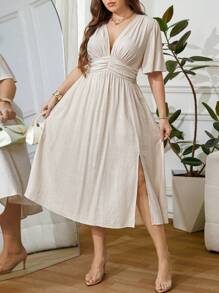 SHEIN Clasi Vestido de lino con cuello en V y bajo con abertura para mujer talla grande, vestido de madre de la novia, verano - Albaricoque - Ver 8