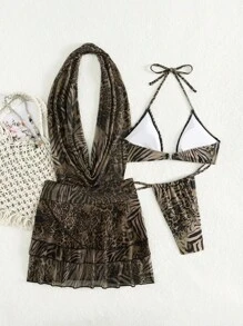 Swim SXY 3pcs Women's Sexy Leopard Print Halter Backless Swimsuit Set, Summer - Brown - View 4