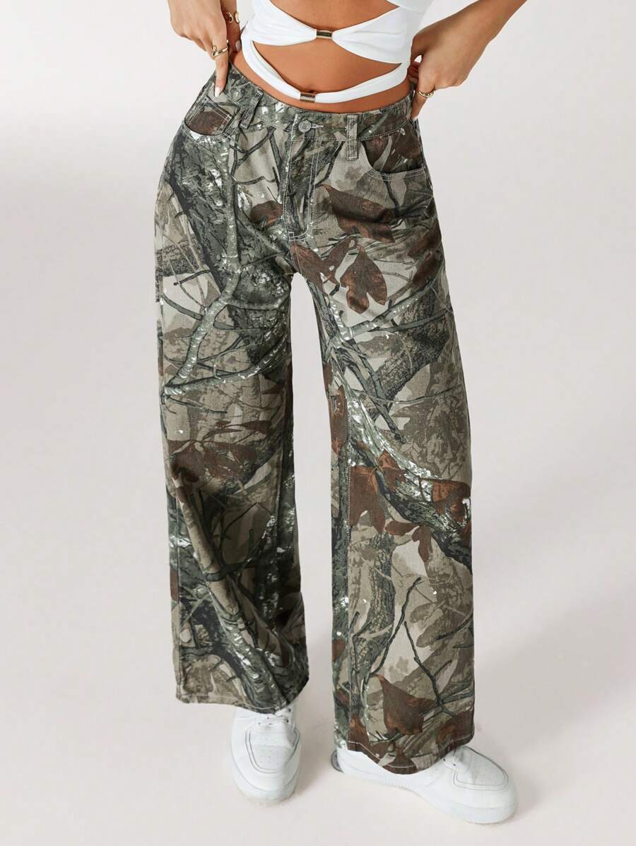 Rivivi Women's Branch Pattern Pocket Wide Leg Loose Casual Denim Pants - Army Green - View 1